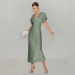Green Satin V Neck A-Line Midi Dress